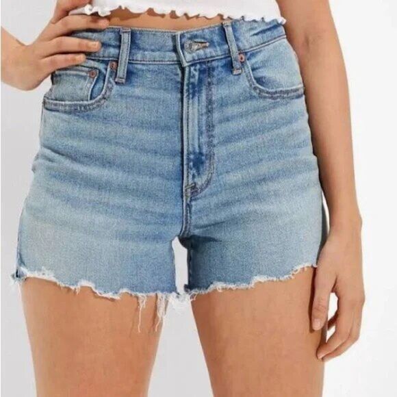 American Eagle Hi-Rise Shortie Jean Shorts Size 4 Denim Raw Hem Stretch Casual - Picture 1 of 6